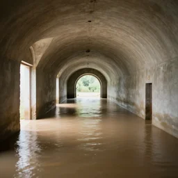 flooded tunnel with arched ceilings and doorways, natural light,