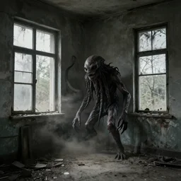 the corner of a room in an abandoned building, where a mutant creature lurks, dirty windows, debris, tentacle beast, dust, bleak apocalyptic style, creepypasta, ominous vibe, sharp fangs