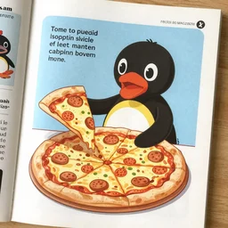 page of a pingu on the pizza, pingu magazine 1 9 9 0.
