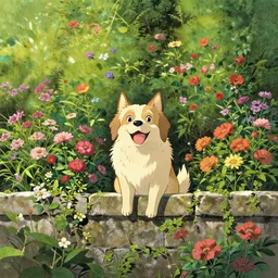 a happy dog looking over a garden wall full of flowers, high intricate details, rule of thirds, golden ratio, cinematic light, anime style, graphic novel by fiona staples and dustin nguyen, by beaststars and orange, peter elson, alan bean, studio ghibli, makoto shinkai