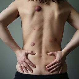 a woman with hands in her belly and nails on her head, a lump on her back and tumors on her skin, half cut
