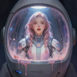 beautiful girl inside a spaceship, futuristic clothes, pastel colors, beautiful face, rule of thirds, spotlight, drips of paint, expressive, passionate, by mandy jurgens, digital painting