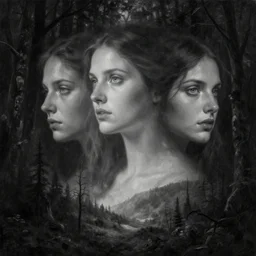 digital and traditional art painting portrait of ethereal plane with forest and mountainside, black and white, small muted hint of colour, high detail, textured, by caestrad, dark background, mystic, perfect lighting, high contrast, arstation, chris cold, artgerm, soft - focus, lightrays