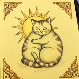 tattoo sketch of a cat hugging the sun, on a yellow paper, byzantium ornament, tribal