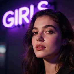 A hyper realistic and detailed head portrait photography of a woman. In the background there is a purple neon sign that says GIRLS. Neo noir style. High quality. Cinematic. Swirly bokeh. Cinestill 800T film. Depth of field. Lens flare.