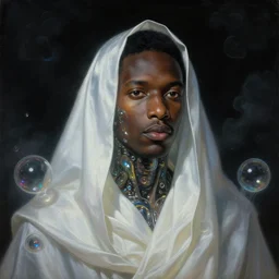 a neoclassicist close - up portrait of a black man glowing cloaked in silk with glowing bubbles and iridescent and reflective alien technology. foggy black background with dark puffy glowing clouds. highly detailed science fiction painting by norman rockwell, frank frazetta, syd mead and moebius. rich colors, high contrast, gloomy atmosphere, dark background. trending on artstation.