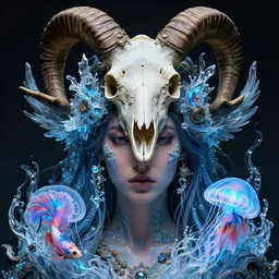 goddess macro close - up portrait with crown made of ram skull. phoenix, betta fish, jellyfish, bioluminiscent, plasma, ice, water, wind, creature, super intricate ornaments artwork by tooth wu and wlop and beeple and greg rutkowski
