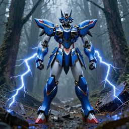 Azure Wolf wolf GUNDAM on a destroyed forest under heavy rain, cinematic lighting, Lightning arc plasma, symmetric full body azure GUNDAM mecha, GUNDAM wing style armor, GUNDAM armor, samurai armor, mortar heads, mech suit, full body armor, lamellar armor, exoskeleton, post processing, ultra detailed, trending on artstation