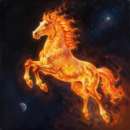 flying horse on fire in space, painting, Artstation