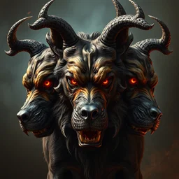 a portrait of cerberus the three headed dog, gatekeeper of hell, greek mythology, hades, hyper realistic, very detailed, in the style of greg rutkowski