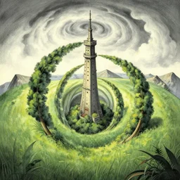 a tower, trees, spiral, naive nerikomi, weird perspective, extra narrow, detailed illustration by moebius and james jean, scenic spiral environment by rhads and moebius, trending artstation, fisheye, grass field mountainous terrain, spiral clouds and swirly mist