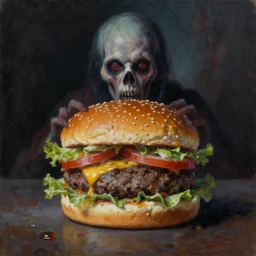 oil painting of a burger made by greg rutkowsky, creepy, horror, dramatic light, nightmare,