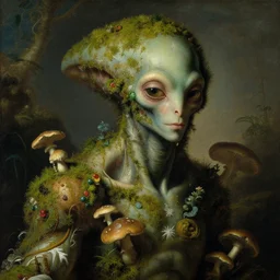 a close - up rococo portrait of an futuristic alien being covered in moss, mushrooms, and swamp. heavenly, 1 8 th century painting by jean - honore fragonard and moebius.