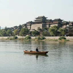 a man on a small boat on a river with vertical ancient city backround, cinestill 8 0 0 t 3 5 mm, b & w, flares, neoclassical architecture, ancient high buildings, classical temples