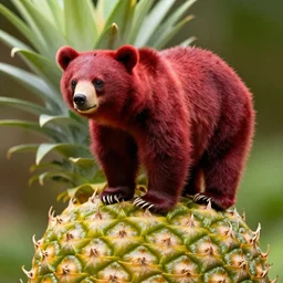 a red bear is standing on top of a pineapple