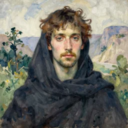 a portrait of a man enshrouded in an impressionist representation of mother nature and the meaning of life by william holman hunt, art by quinglu shanshui and mati klarwein, thick watercolor brush strokes, portrait painting by daniel garber, by wlop, by james jean, vintage postcard illustration