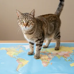 cat standing on world map