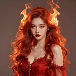 a goddess with red hair and red dress with a fire aura headshot, trending on artstation