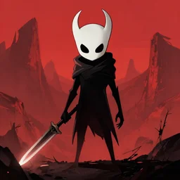 horror art, hollow knight, red peaks in the background, art by greg rutkowski