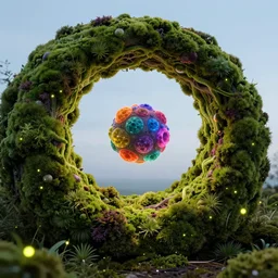 looping wormhole, quantum physics cell, nucleus, high moss inside hollow earth jewelry mine full colored, fireflies, clean sky, hight contrast, void, 8 k resolution, unreal engine 5, hyper - detailed, morning mood by beeple, justin gerard