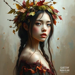 full body wide shot portrait of beautiful girl by irakli nadar with intricate detailed color smashing fluid oil paint and acrylic, dried moss and dried autumn leaves headdress, melting wax, mycelia, abstract impressionism, ruan jia, fantasy, hyper detailed, concept art, by gustav klimt,