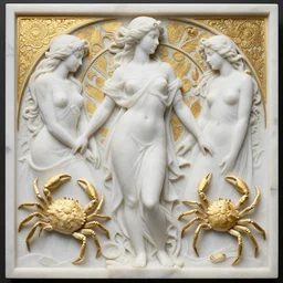 symmetry, white marble, white marble bas relief sculpture, white and gold kintsugi, feminine shapes, crabs, spiders, scorpions, tarantulas, stunning, art by hr geiger and ridley scott and alphonse mucha and josephine wall, highly detailed, intricately detailed, art nuevo, octane, 8 k, trending on artstation