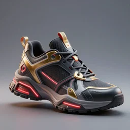 realistic 3 d render of a cyberpunk android sneaker, beautiful studio lighting, soft, sharp focus, neon cyberpunk highlights, intricate detail, gold and red accents, soft rubber, octane render, side view, close up, trending on artstation, deviantart