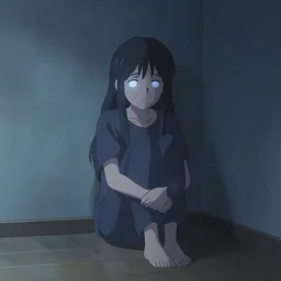 Young Himalayan woman sitting concerned in an empty room with a sense of dread and loneliness | night time scene, plain walls |somber white eyes, long ashy hair | gentle lighting, futuristic, dim lighting, digital art by Makoto Shinkai ilya kuvshinov and Wojtek Fus, digital art, concept art,
