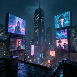 a cyberpunk City with billboards, Hologramm and signs in a rainy night, Skyline view from a rooftop, rendered by simon stålenhag, rendered by Beeple, Makoto Shinkai, syd meade, environment concept, digital art, starwars, raphael lacoste, eddie mendoza, alex ross, concept art, cinematic lighting, , unreal engine, 3 point perspective, WLOP, trending on artstation, low level, 4K UHD image, octane render,