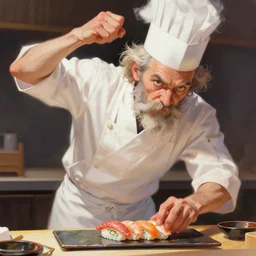 lenin working as a sushi chef, apron, hat, intricate, fictional character, dynamic pose, dramatic lighting, realistic shaded lighting, pastel shades, expressively loose brush strokes, perfect face, 8 k realistic, hyper detailed, digital painting, artstation, concept art, hyper detailed eyes, art by sam spratt and peter mohrbacher and james jean