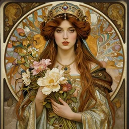 portrait of a beautiful mysterious medieval woman wearing headgear, holding a bouquet of flowing flowers, fantasy, regal, intricate, by stanley artgerm lau, greg rutkowski, thomas kinkade, alphonse mucha, loish, norman rockwell