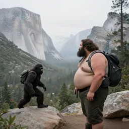 An obese hiker at Yosemite park spots a Sasquatch, misty, atmospheric