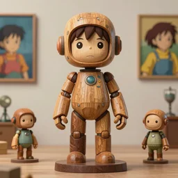 sculpture beautiful realistic character, wooden design art toys collection very cute figurine android robot cyberpunk, photorealistic, gallery of art in background, concept art cgsociety style popart, studio ghibli