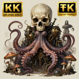 artwork by hp lovecraft, h. r. giger, aaron horkey and amanda sage. skull, tentacle, octopus, mushroom, fungi, bio - mechanical, steampunk, horror, design. artstation, trending, uhd, 4 k, detailed, award - winning.