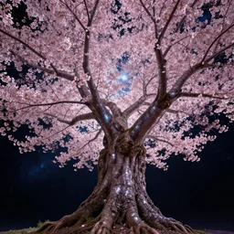 fractal sakura in deep space in style of Dean Roger, massive wide trunk, glitter tree bark, hyper realism, very detailed, no text, contrast picture