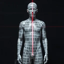 a pinpoint accurate laser scanned man who is covered in porcelain barcodes