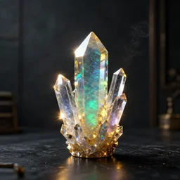 assassin holding translucent colorful precious crystal on a dark table, ray - tracing, beautiful, black opal, sharp focus, octane render, beautiful hdr 8 k, moody dark environment realistic, specular, detailed, unreal engine 5, golden hour, magical shimmering effect, light smoke, modern background wallpaper, wlop, chebokha, rutkowski