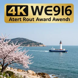 sea on the right, lighthouse in backgroud, a ship sailing, mountain on the left, blossom tree, photography, award winning, 4 k