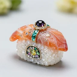 colorful, detailed jewel figurine depicting sushi, made by faberge. macro photography.