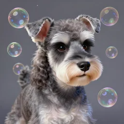 portrait of magical miniature schnauzer, dreamy and ethereal, fantasy, intricate, elegant, rainbow bubbles, highly detailed, digital painting, artstation, concept art, smooth, sharp focus, illustration, art by artgerm and greg rutkowski and alphonse mucha