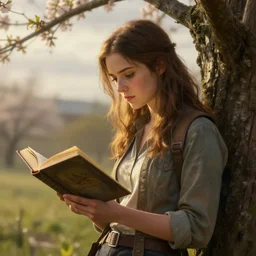 fallout 5, portrait of girl reading a book, concept art, spring time, slight overcast, atmospheric lighting, painted, intricate, volumetric lighting, beautiful, sharp focus, golden hour, ultra detailed by jack kirby, ignacio fernandez rios, thierry doizon