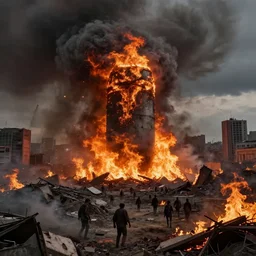 end of the world, atomic, bomb, smoke, fire, zombie, destroyed, burning ground, doom, city, realistic, photorealistic, longshot, press, surreal, destruction, downfall, catastrophe, natural disaster, termination, ruination, ruin, extinction, annihilation, death, horrifying, horror, glow up, 8 k, hdr