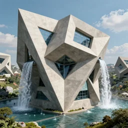 a strange angular monolithic building structure by escher and mandelbrot, ricardo bofill, impossible geometry. utopian landscape. magical realism, surrealism, waterfalls, trending on artstation, cinematic composition,