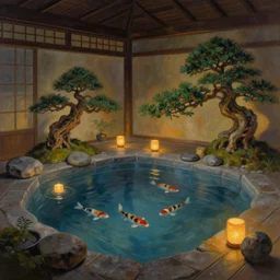 painting of interior of cozy japanese hot spring next to zen garden with floating lanterns by greg rutkowski craig mullins bonsai trees koi fish swimming in the air volumetric lighting clear focus fantasy dark atmospheric cinematic lighting, trending on artstation