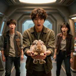 scene from a 2010s science fiction film+ suddenly jungkook shows up at the front of the cabin + holding a hare in his hands + Seokjin is startled but glad that Jungkook is back + CGSOCIETY + directed by Luc Besson +