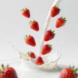 white milk splashes, many strawberries falling through, advertising photo, highspeed photo, studio lighting