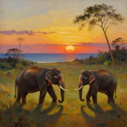 surreal oil painting of a sri lankan landscape at sunset, elephants in the foreground, ocean sunset in the background, volumetric lighting, volumetric shadows, realistic oil painting by gustave dore, - h 6 4 0,