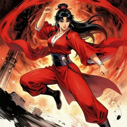 wuxia heroine wearing red, full body, manhua, hongkong comic art, maximum detail, dynamic, cinematic