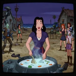 she makes the deep boil. dark fantasy about casually - dressed women with male humans in dirty seaside town, a globster, and beautiful song. color!! television still from a 1 9 9 6 action - packed hunting!!! hybridizing!! alien - robot invasion science - fiction cartoon by matt groening. operating alien military vehicles and weapons.