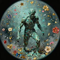 An epic fantastic realism comic book style painting of a distressed bronze sculpture from the future by Stanislaw Szukalski, beautiful colorful flowers rain down like gilt marbled paper, turquoise ink highlights, fisheye lens, unreal 5, DAZ, hyperrealistic, octane render, dynamic lighting